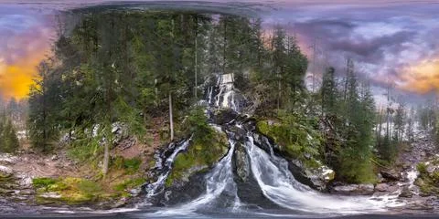 Panorama Spherical 360 on a waterfall Foto stock