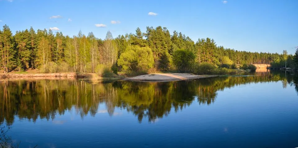 Panorama of the spring forest river. Stock Photos