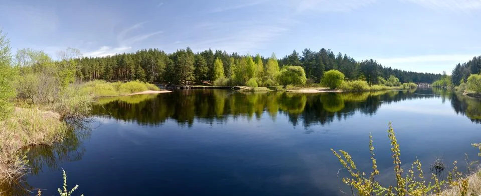 Panorama of the spring river. Stock Photos