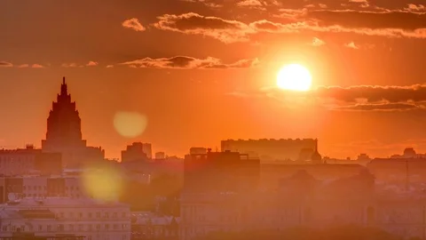 Panorama with Stalin skyscraper during sunset timelapse in Moscow, Russia Stock Footage 80809373