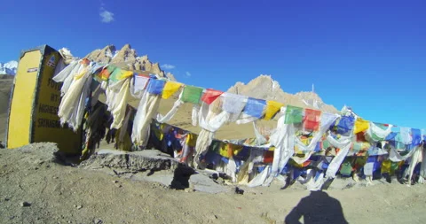 Panorama of strained prayer flags lung ta Stock Footage 94759691