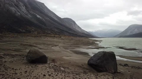 Panorama of Summit lake in the remote arctic wilderness of Baffin Island Stock Footage 238840209