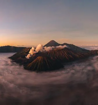 Panorama of Sunrise at volcano Bromo, Java island, Indonesia. Panoramic aerial Stock Photos
