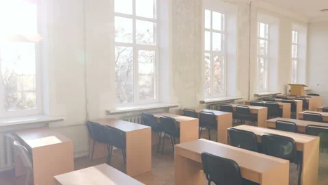 Panorama Of Sunshiny Empty Auditorium, Classroom, Lecture Hall Stock Footage 195092818