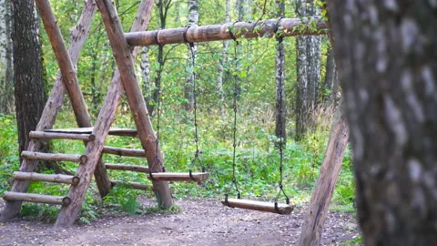 Panorama of the swing suspended on a log. cross-shaped fixing of the swing on a Stock Footage 188306196