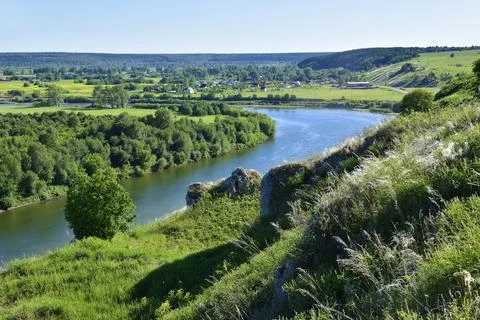 Panorama of the Sylva River and the river valley from the top of Mount Grekho Stock Photos