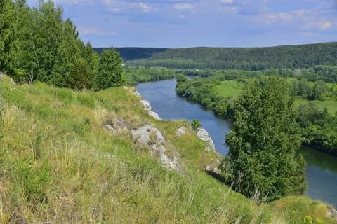 Panorama of the Sylva River and the river valley from the top of Mount Grekho Stock Photos