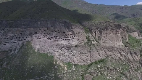 Panorama of the temple complex of Vardzia, aerial photography Stock Footage 72925838