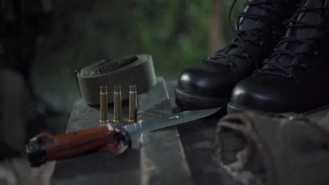 A panorama of the temporary barracks right next to the ammunition boxes and Stock Footage 165983553