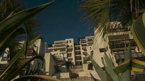 Panorama through palm trees view of the building Stock Footage 130751481