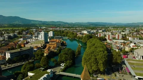 Panorama Of Thun With Alps And Thunersee Lake, Switzerland. Historical Video stock 252860853