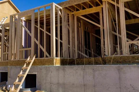 Panorama top view of post beam framework stick built building under construct Fotos de archivo