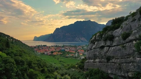 Panorama of Torbole a small town on Lake Garda, Italy. Europa, beautiful Lake Stock Footage 130336532