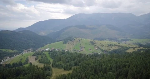 Panorama of trees and mountain peaks. Sunny day Stock Footage 121336716