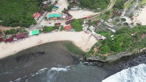 Panorama of tropical Indrayanti beach on Java, Indonesia, aerial top down Stock Footage 170709137