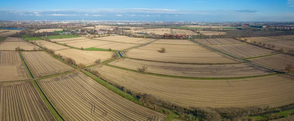 Panorama of uncultivated fields in winter Stock Photos