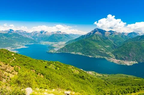 Panorama of upper Lake Como, looking north, from Santa Maria Rezzonico. Stock Photos