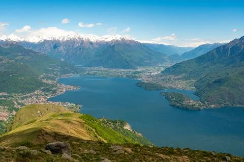 Panorama of Upper Lake Como, looking north, from Musso. Stock Photos