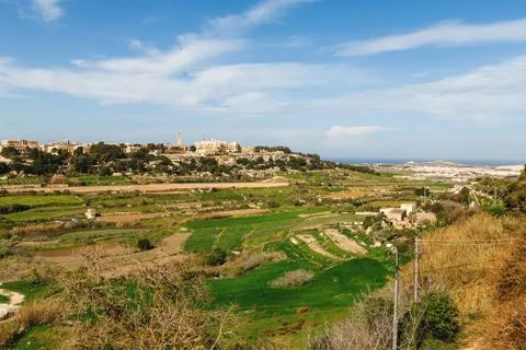 Panorama view of agricultural fields. Aerial view on lands around Mdina, Malt Stock Photos