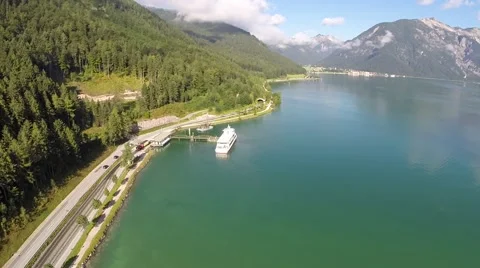 Panorama View on Austrian Mountain Lake - Aerial Flight Stock Footage 40956820