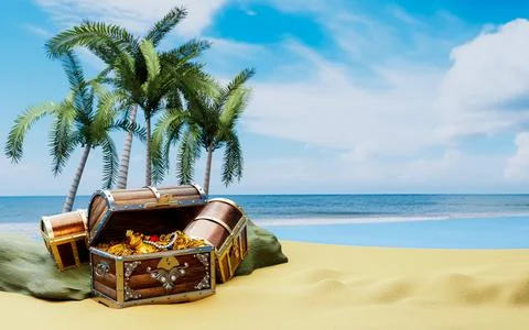 Panorama view boxes or treasure chests. wooden treasure chest put on the be.. Stock Illustration