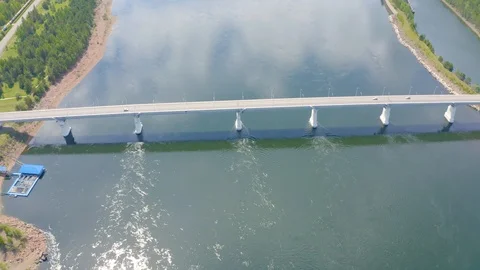 Panorama a view of the bridge, a dam of hydroelectric power station Stock Footage 109453443