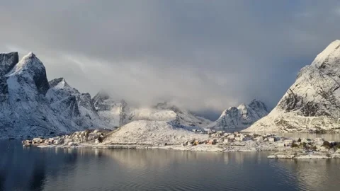 Panorama view of coast and mountain with village of Lofoten of Norway.  Video stock 319848743