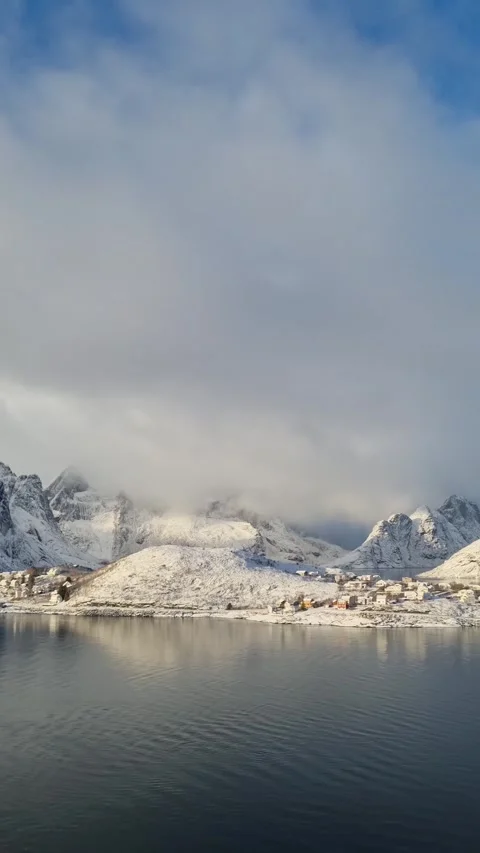 Panorama view of coast and mountain with village of Lofoten of Norway.  Video stock 319848745