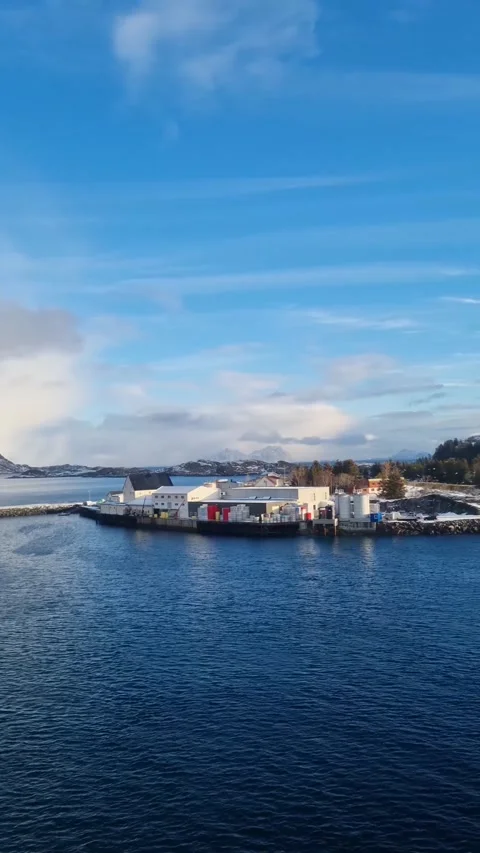 Panorama view of coast and mountain with village of Lofoten of Norway.  Video stock 319850464