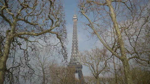 Panorama view of the famous eiffel tower behind trees branches in Paris, Stock Footage 236974182