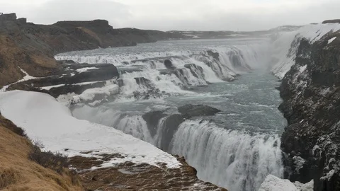 Panorama View Of Gullfoss Waterfall On A Cold Winter Day, Iceland Stock Footage 96752854