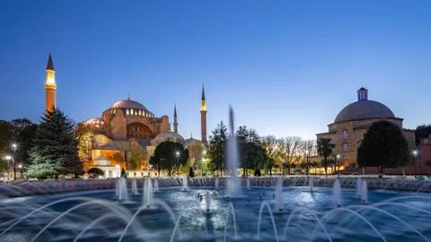 Panorama view of Hagia Sofia at night in Istanbul city, Turkey Photos