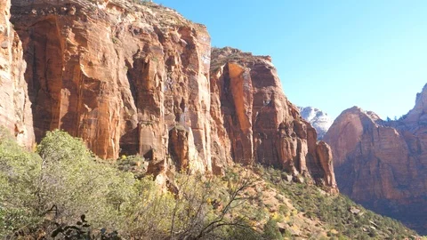 Panorama A View Of Huge Red Rocks Of The Zion Park In Sunshine And In Shade Stock Footage 88946793