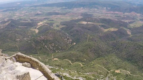 Panorama view of landscape from the top of chateau Queribus. Video stock 77765613