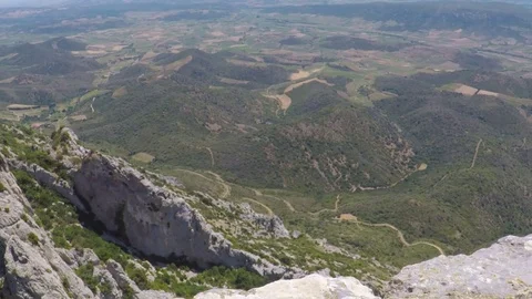 Panorama view of landscape from the top of chateau Queribus. Stock Footage