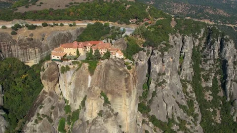 Panorama view of the monastery and city meteora Kalabaka Vídeos de archivo 306574176