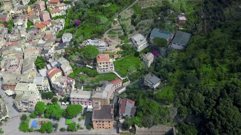 Panorama view of Monterosso al Mare.Panoramic drone view of railway and village. Video stock 149786295