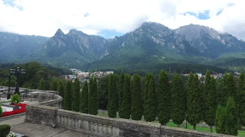 Panorama view of a  mountain resort from a beautiful balcony Stock Footage 68392347