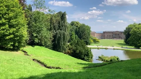 Panorama view over the Mountain Park in Kassel with the historic palace Stock Footage 282401748