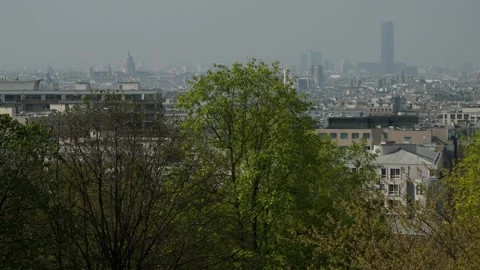 Panorama view of Paris skyline from parc bellevilloise Stockbeeldmateriaal 245718328