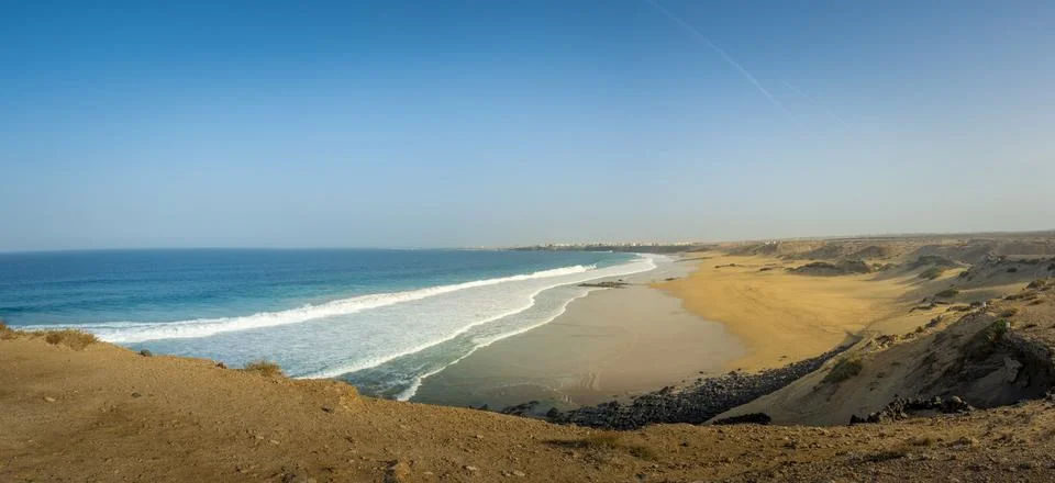 Panorama view on Playa del Castillo in El Cotillo on Fuerteventura, Canary .. Stock Photos