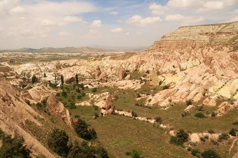 Panorama from a view point in the Red Valley, Kizilcukur Vadisi onto fields,  Stock Photos