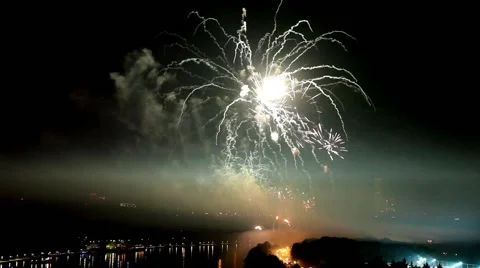 Panorama view of pyrotechnic firework show Stock Footage 53807730