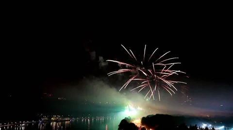 Panorama view of pyrotechnic firework show Stock Footage 53807742