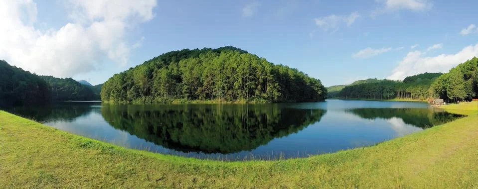Panorama view of reflection of pine trees in Pang Oung Lake, Mae Hong Son ,.. Stock Photos