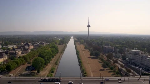 Panorama view of River Neckar and Television Tower in Mannheim 動画素材 144997822
