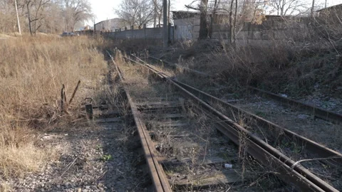 Panorama View Of Rusty Railroad Tracks. Handheld Arrow Switch Ways Stock Footage 172063853