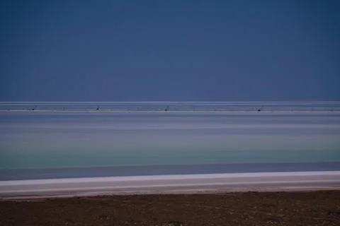 Panorama view to saline Barsa Kelmes lake and Ustyurt plateau in Karakalpakstan Stock Photos