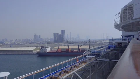 Panorama View of Seaport with skyscraper in the background Abu Dhabi Stock Footage 105657007