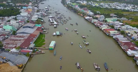 Panorama view traffic of Cai Rang floating market, Can Tho, Vietnam Stock Footage 102436805